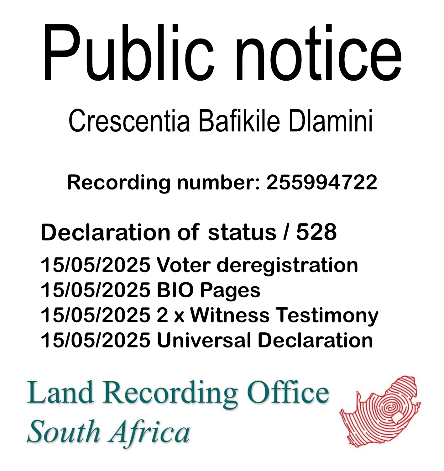 Public Notice Crescentia Bafikile Dlamini (c) Recording number 255994722